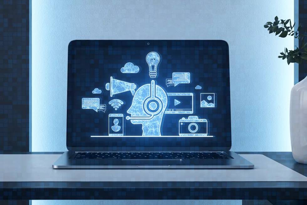 close-up-laptop-workplace-with-flower-creative-robot-chat-gpt-hologram-customer-support-artificial-intelligence-concept-3d-rendering