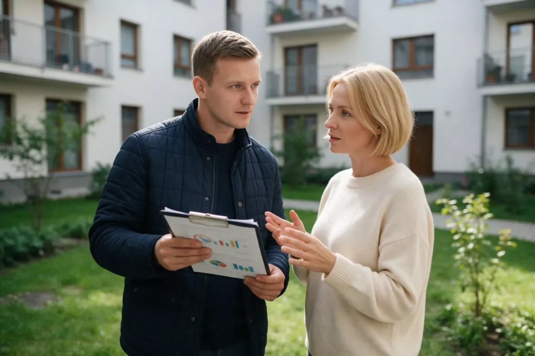 zarządca rozmawia z właścicielką na dziedzińcu