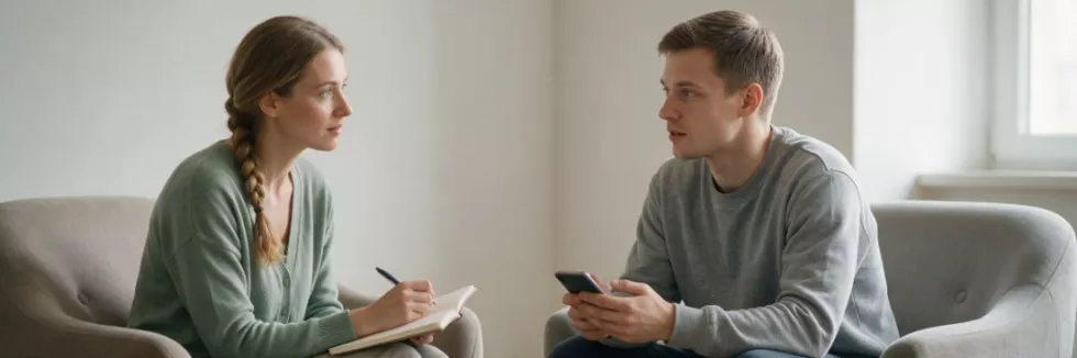 psycholożka rozmawia z klientem trzymającym smartfon