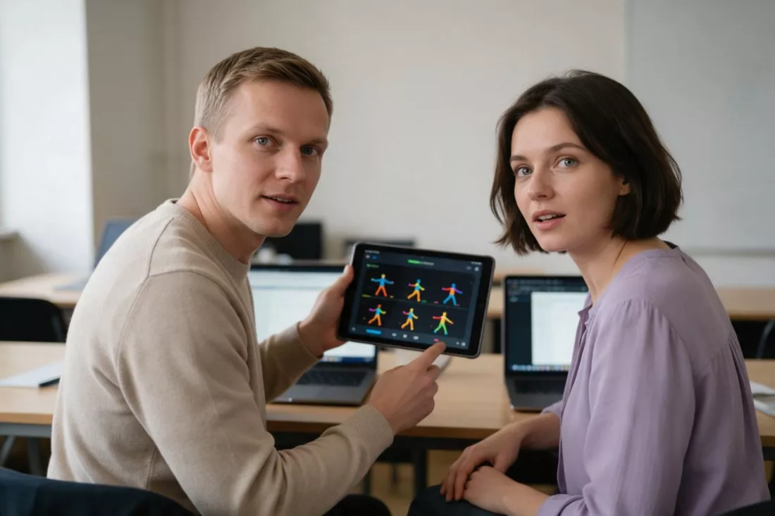 trener pokazuje tablet uczestniczce szkolenia
