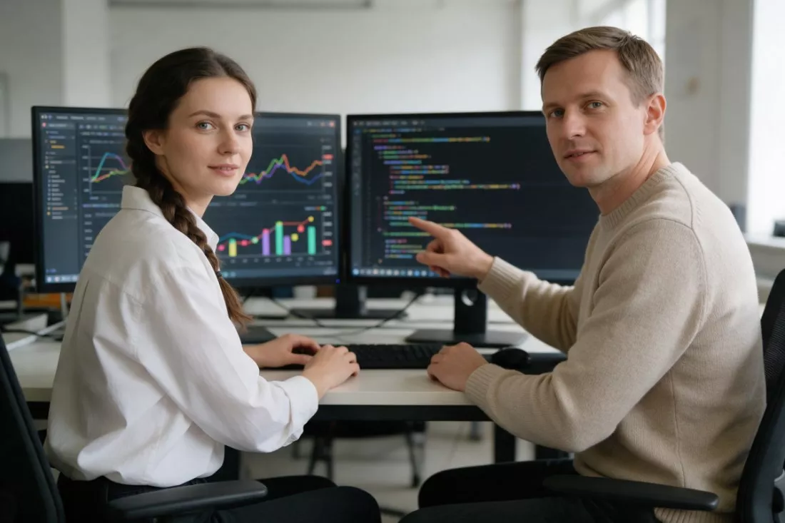 specjalistka AI pracuje przy monitorach z kolegą