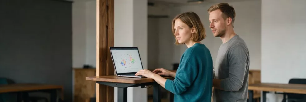 analitycy danych omawiają wykresy przy laptopie