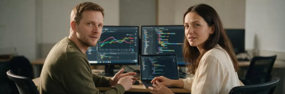 data scientist pracuje z koleżanką przy komputerach