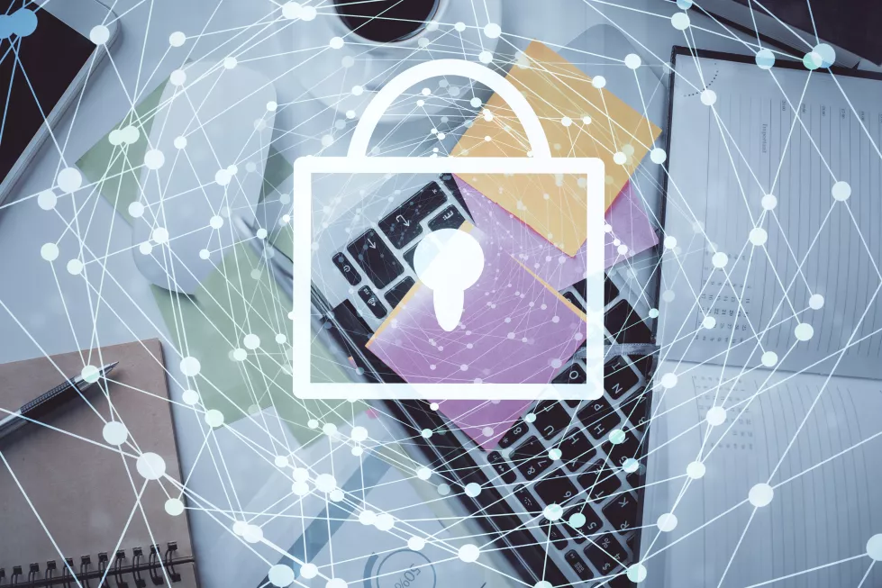 double-exposure-lock-hologram-drawing-study-table-background-with-computer-concept-data-security-top-view