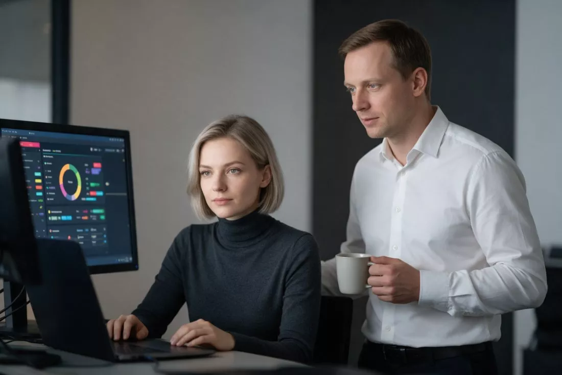 analityczka danych przygotowuje dashboard z kolegą