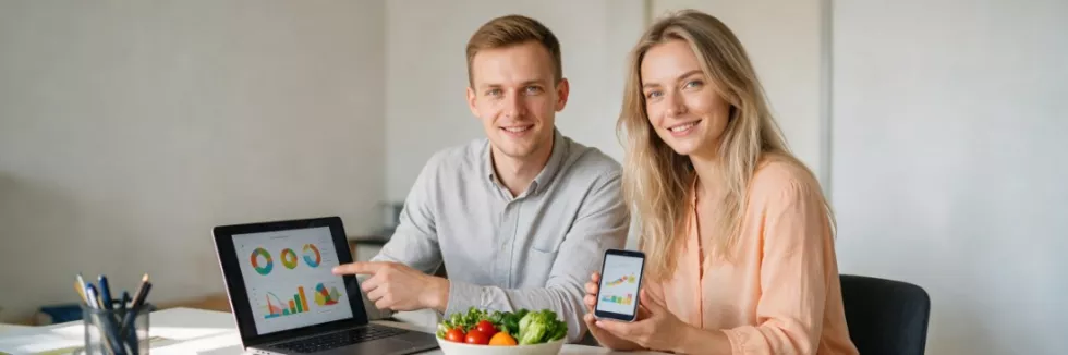 dietetyk pokazuje klientce wykresy na laptopie