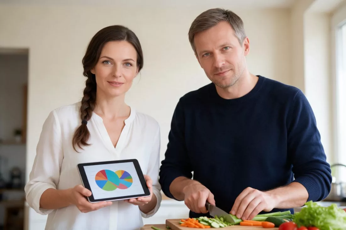 dietetyczka z tabletem i klient w kuchni