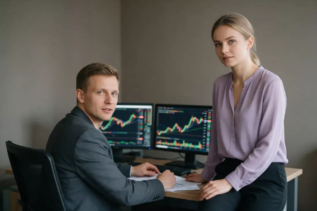 dyrektor finansowy z analityczką przy monitorach