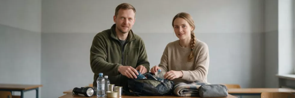 nauczyciele pakują plecak ewakuacyjny