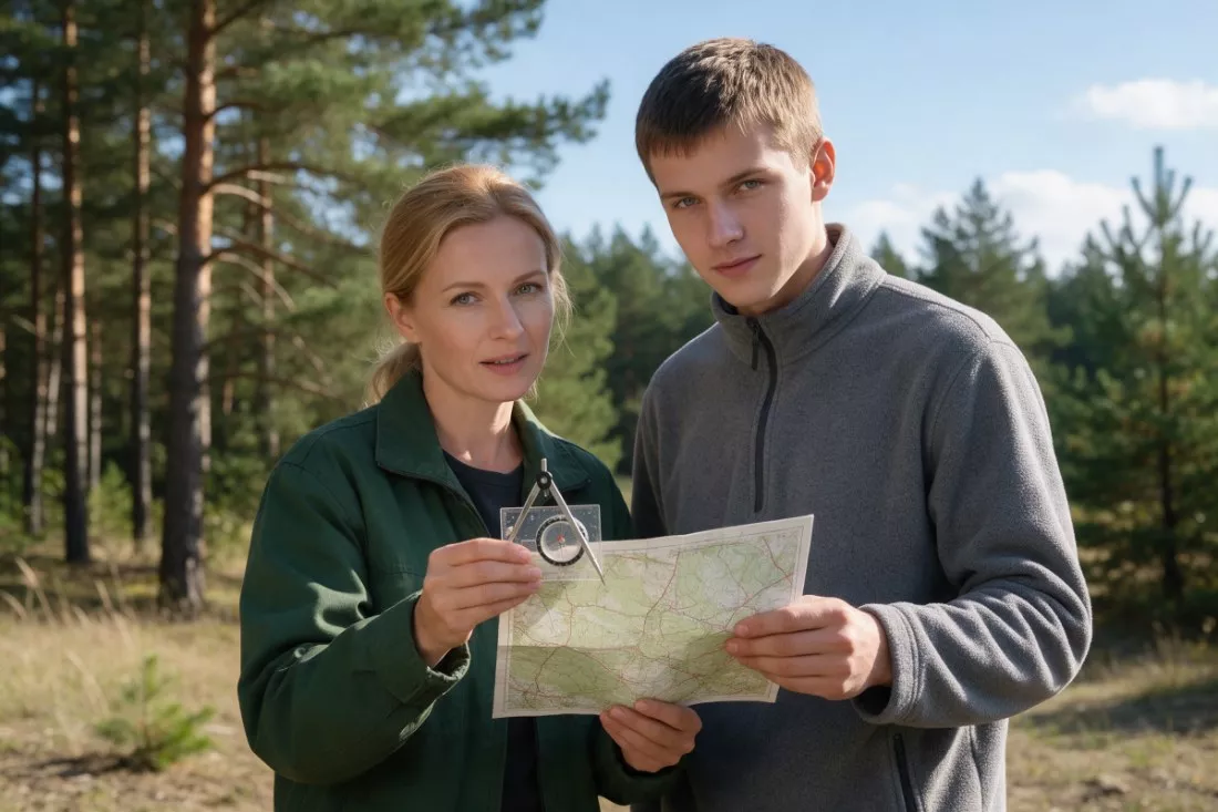 nauczycielka uczy orientacji z mapą i kompasem