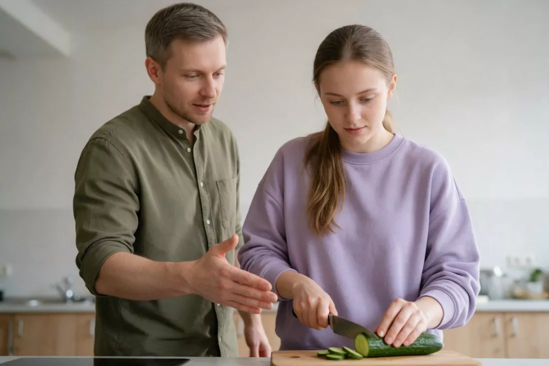 terapeuta uczy młodą kobietę przygotowywać posiłek