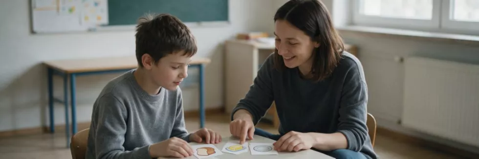 Edukacja-i-rehabilitacja-osob-z-niepelnosprawnoscia-intelektualna-dla-pedagogow-specjalnyc-test-Pedagozka-uklada-z-uczniem-obrazkowa-instrukcje