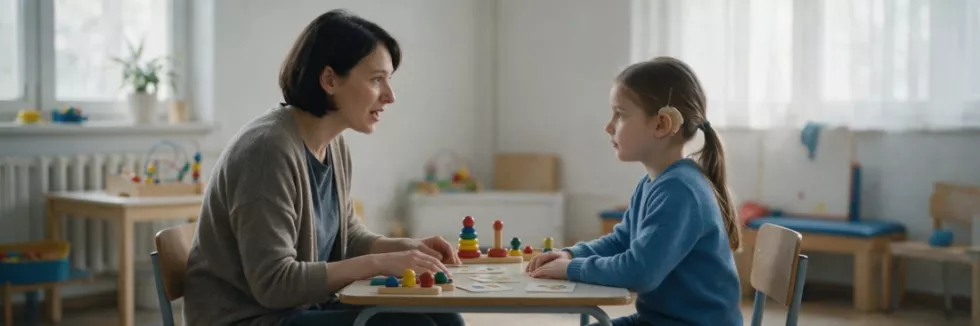 Edukacja-i-rehabilitacja-osob-z-niepelnosprawnoscia-sluchowa-surdopedagogika-test-Surdopedagozka-cwiczy-z-dzieckiem-z-aparatem-sluchowym