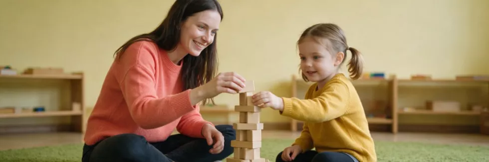 nauczycielka przedszkola buduje wieżę z dziewczynką