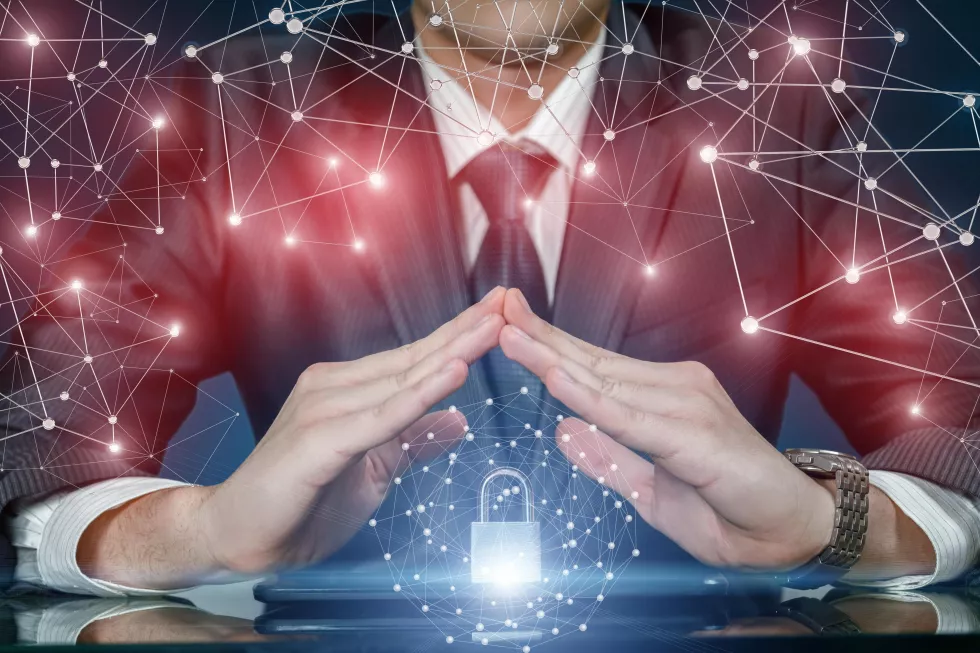 closeup-businessman-holding-palms-protective-position-padlock-digital-sphere-tablet-with-networking-connections-hanging