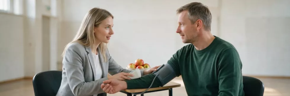 edukatorka zdrowia mierzy ciśnienie mężczyźnie