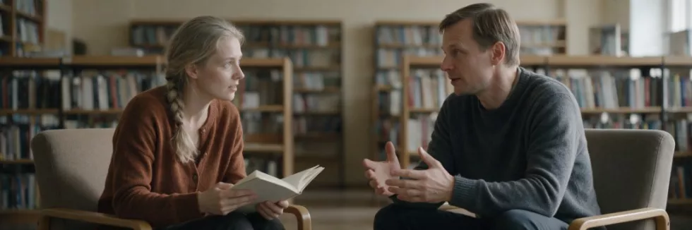 nauczyciele etyki rozmawiają w bibliotece