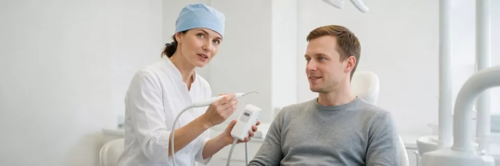 dentystka objaśnia pacjentowi zabieg laserem