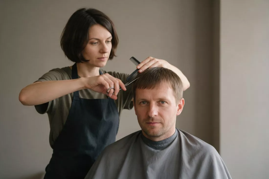 fryzjerka strzyże klienta w salonie