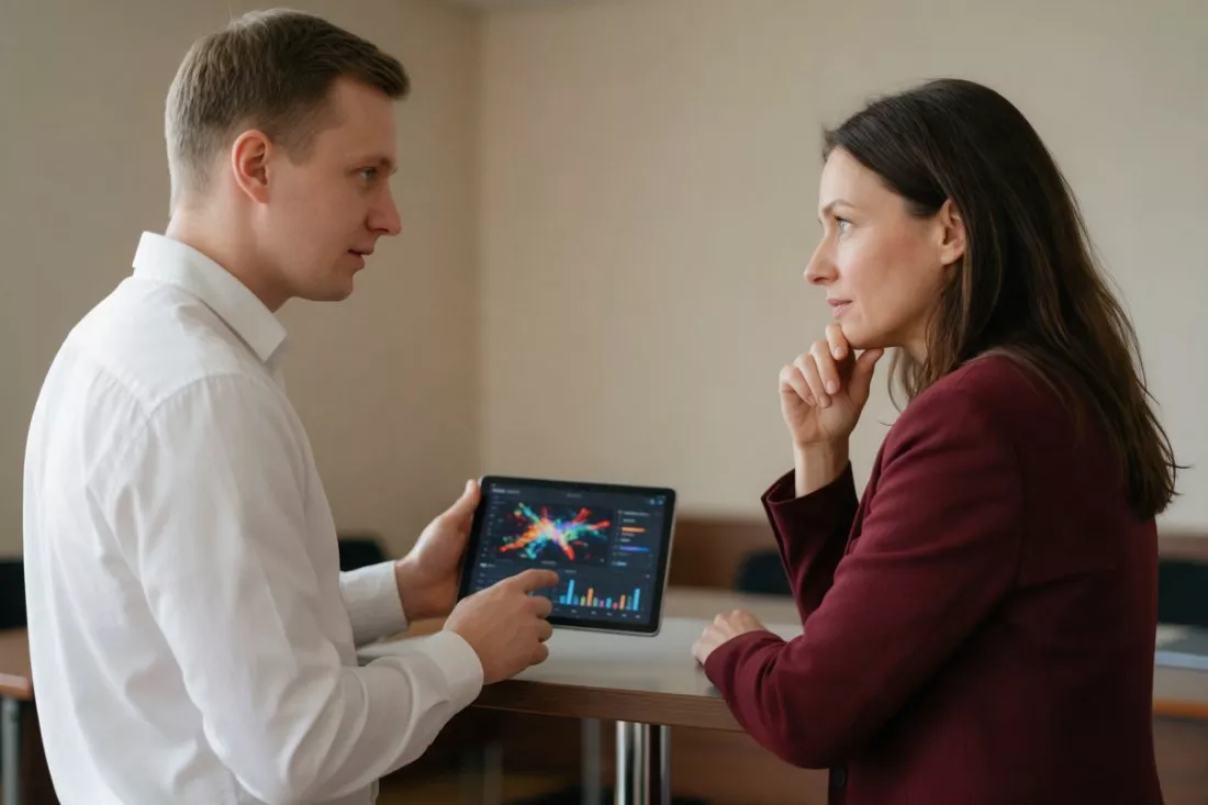 specjalista pokazuje kampanię menedżerce marketingu