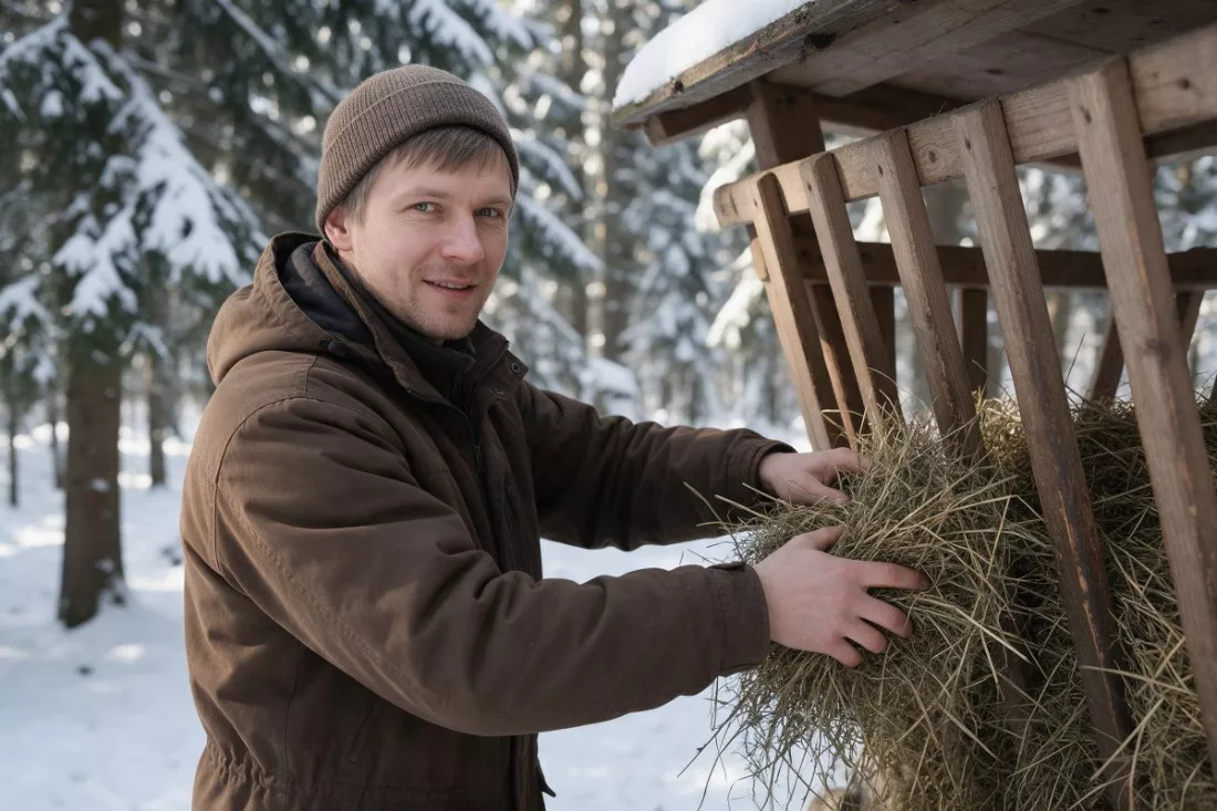 myśliwy uzupełnia siano w paśniku