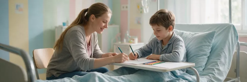 Pedagogika-lecznicza-test-Nauczycielka-rysuje-z-chorym-chlopcem-w-szpitalu