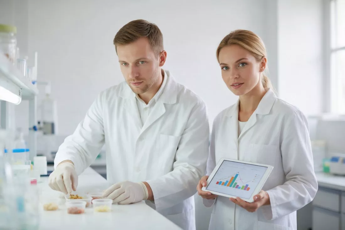 technolodzy żywności badają próbki w laboratorium