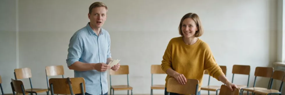nauczyciele przygotowują salę do debaty