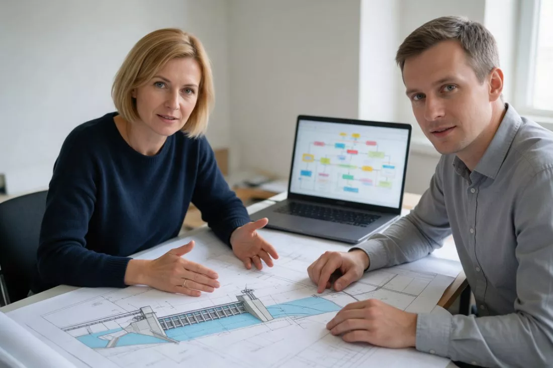 inżynierka i inżynier analizują projekt jazu