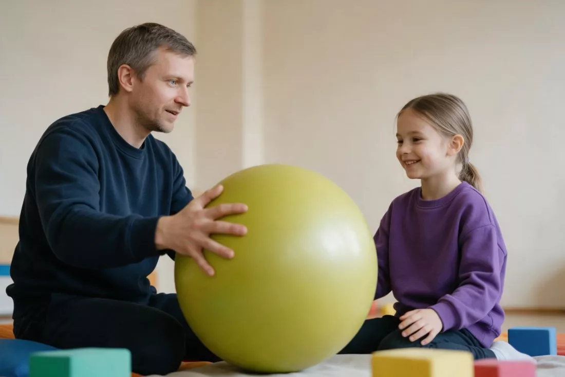 terapeuta podczas zabawy ruchowej z dziewczynką