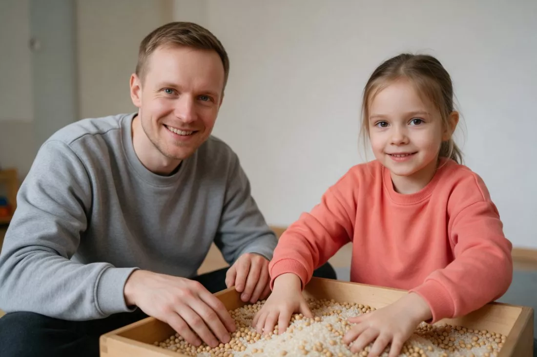 terapeuta z dziewczynką podczas zabawy dotykowej
