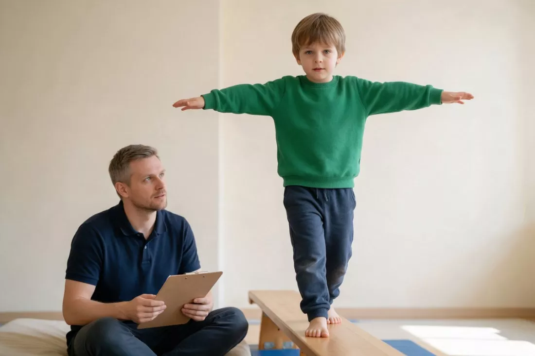 terapeuta obserwuje chłopca na równoważni