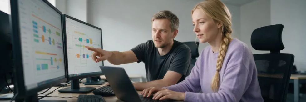 programiści analizują wdrożenie przy monitorach
