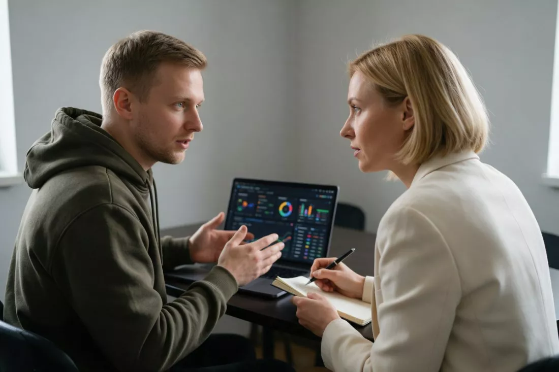 programista pokazuje raport specjalistce finansów