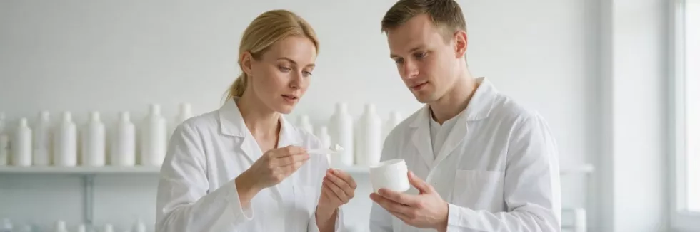 specjalistka jakości i chemik oceniają krem