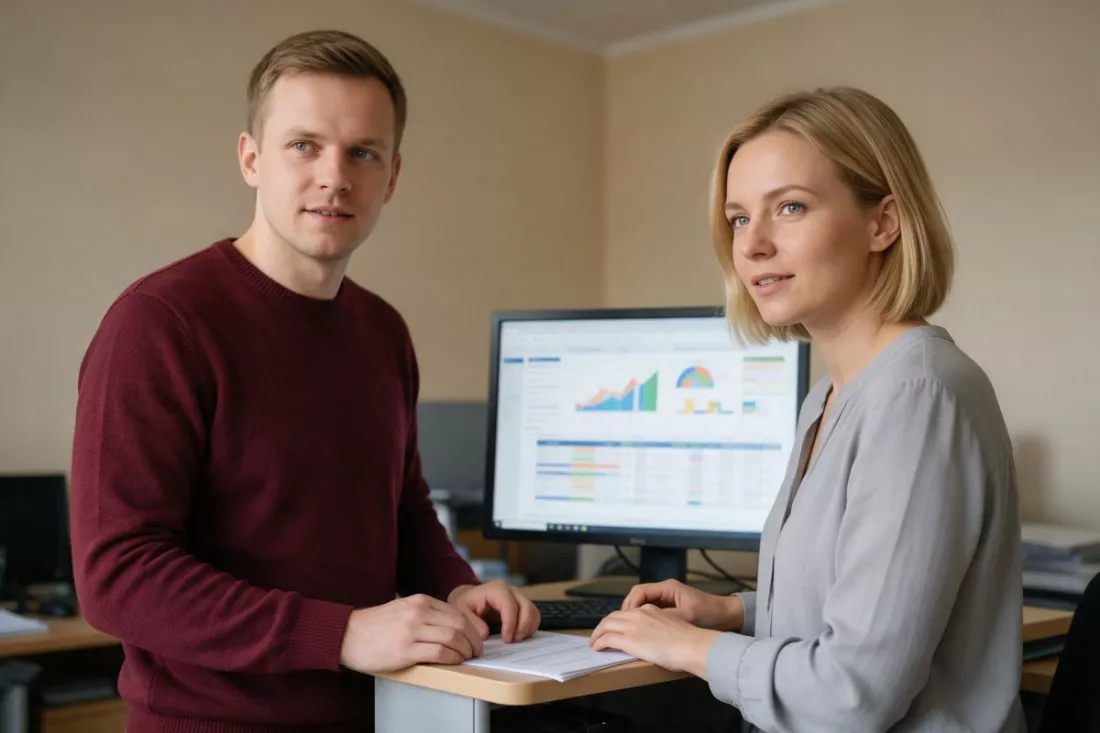 kierownik i specjalistka płac przy monitorze