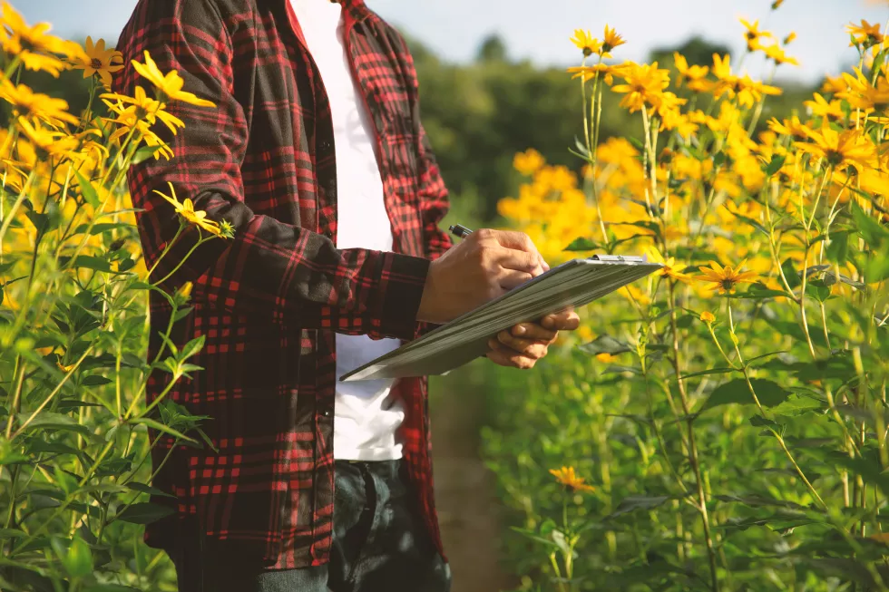 midsection-man-writing-paper-while-standing-by-flowering-plants
