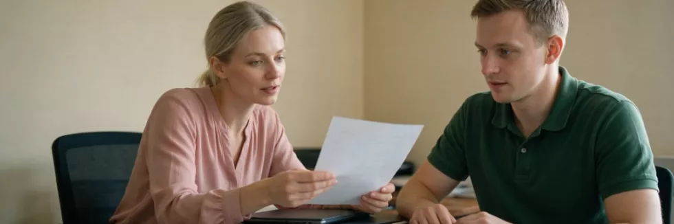 specjalistka kadr wyjaśnia pracownikowi wypłatę